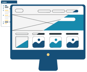 Graphic of a wireframe and web design mockup on a computer screen